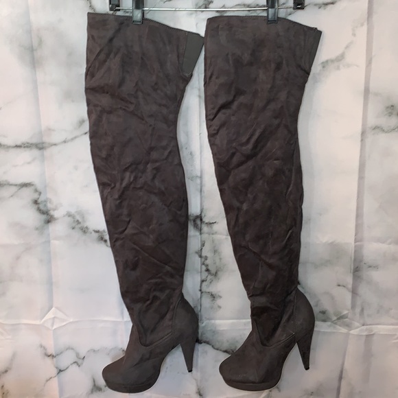 Size 8 Dark Grey Faux Suede Over The Knee Thigh High Boots Heels - Picture 6 of 12